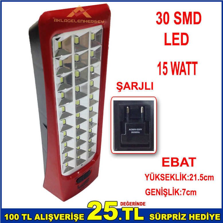 30SMD LEDLİ ŞARJLI AÇMA-KAPAMA DÜĞMELİ 2 KADEME LED IŞIK AYARLI EL FENERİ