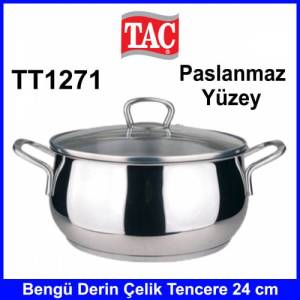 Taç TT1271 Bengü Derin Çelik Cam Kapaklı Tencere Paslanmaz 24cm