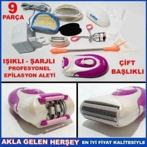 9 PARÇA IŞIKLI ŞARJLI ÇİFT BAŞLIKLI PROFESYONEL EPİLASYON ALETİ K