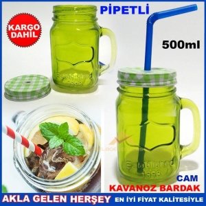 Kargo Dahil METAL KAPAKLI PİPETLİ CAM KAVANOZ İÇECEK KUPASI YEŞİL