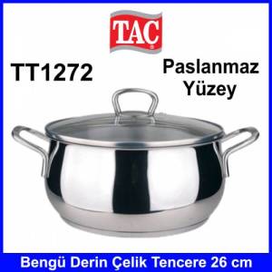 Taç TT1272 Bengü Derin Çelik Cam Kapaklı Tencere Paslanmaz 26cm