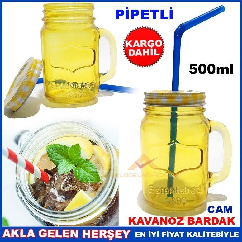 Kargo Dahil METAL KAPAKLI PİPETLİ CAM KAVANOZ İÇECEK KUPASI SARI