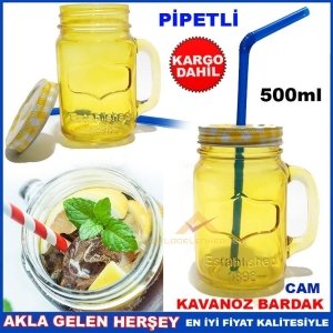 Kargo Dahil METAL KAPAKLI PİPETLİ CAM KAVANOZ İÇECEK KUPASI SARI