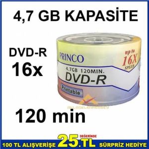 x16 YAZMA HIZI 4.7GB KAPASİTE 50'li DVD-R PRİNCO