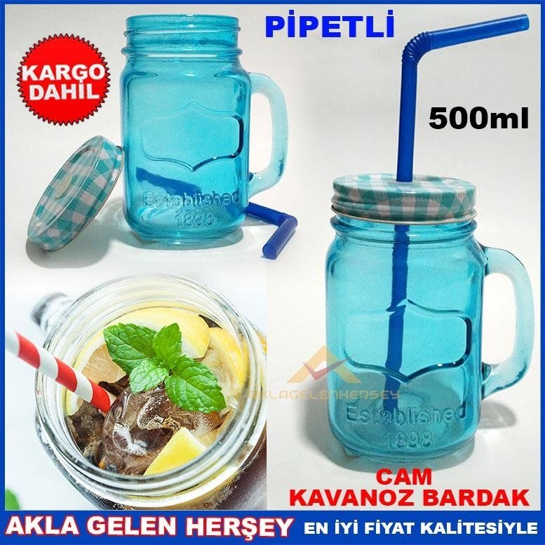 Kargo Dahil METAL KAPAKLI PİPETLİ CAM KAVANOZ İÇECEK KUPASI MAVİ