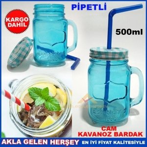 Kargo Dahil METAL KAPAKLI PİPETLİ CAM KAVANOZ İÇECEK KUPASI MAVİ