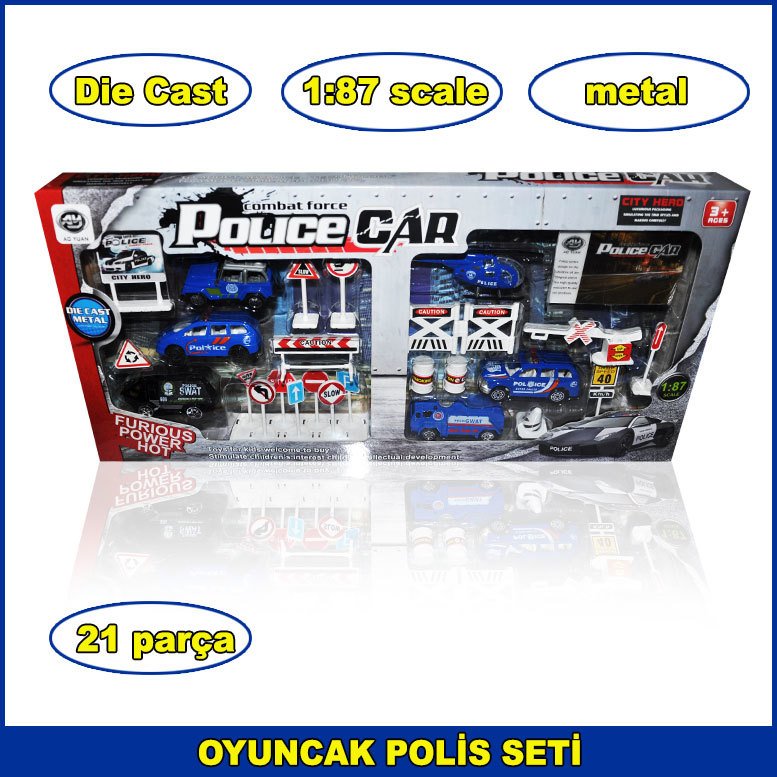 Die Cast Metal Polis Arabası Seti 1-87 scale 21 Parça 1. Kalite - Police Car