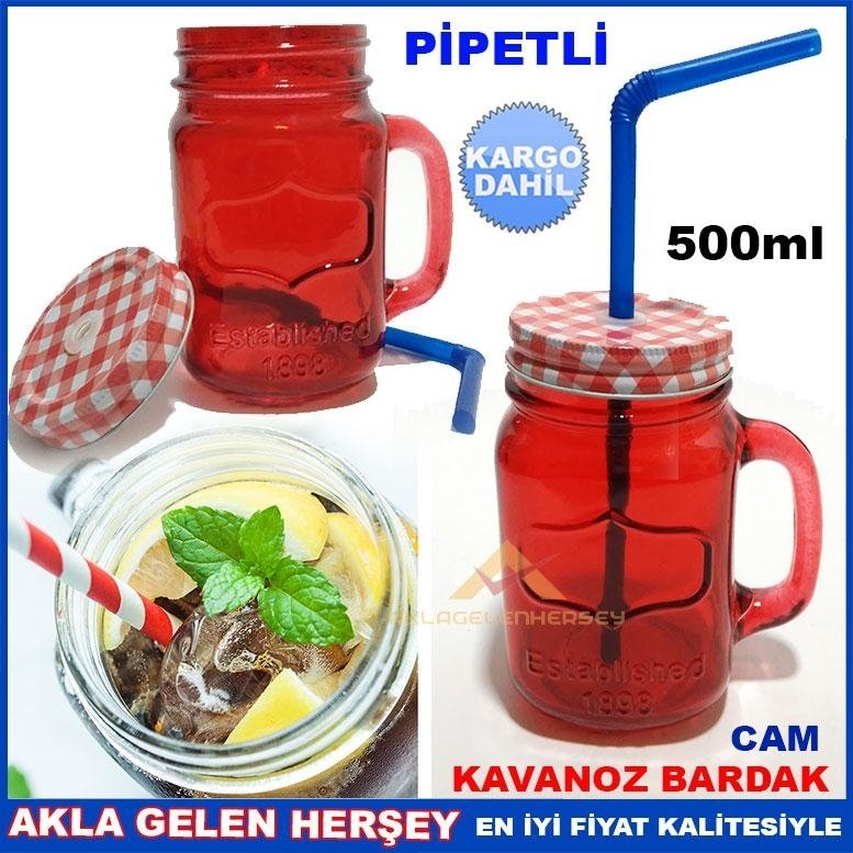 Kargo Dahil METAL KAPAKLI PİPETLİ CAM KAVANOZ İÇECEK KUPASI KRMZI