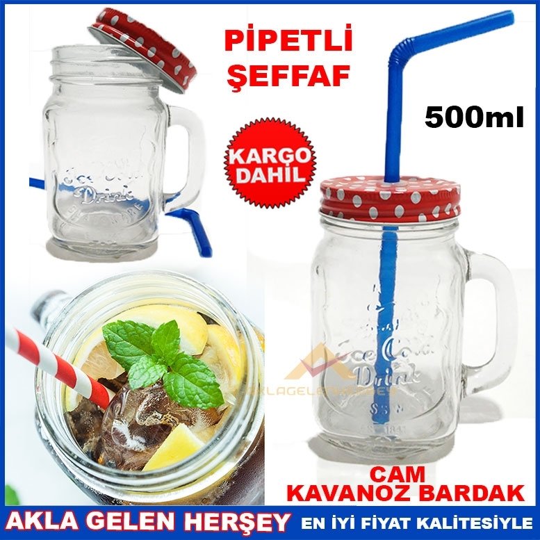 KargoDahil METAL KAPAKLI PİPETLİ CAM KAVANOZ İÇECEK KUPASI ŞEFFAF