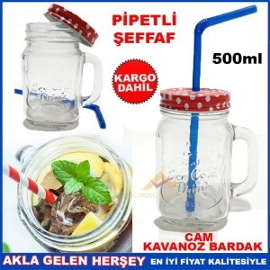 KargoDahil METAL KAPAKLI PİPETLİ CAM KAVANOZ İÇECEK KUPASI ŞEFFAF