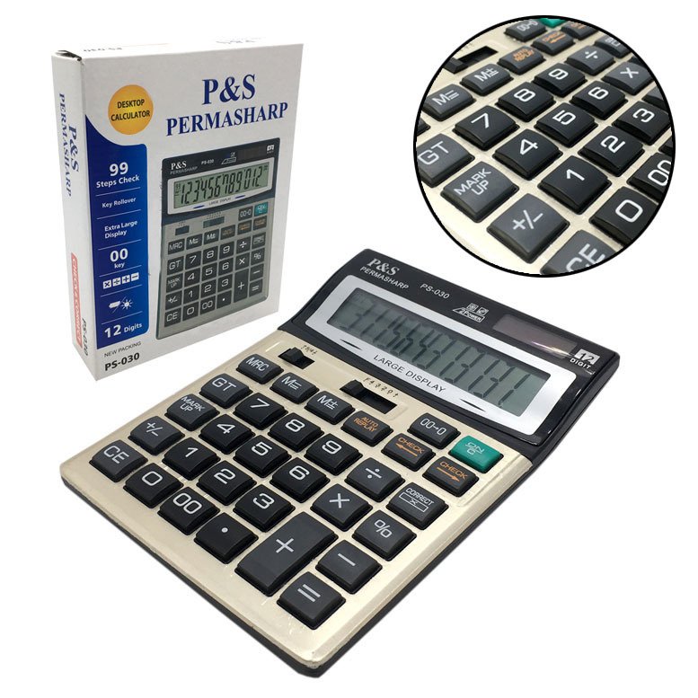 12Haneli Güneş Enerjili+Pilli Büyük Hafızalı Büyük Hesap Makinesi Metal Yüzeyli Permasharp PS-030