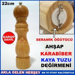 SERAMİK ÖĞÜTÜCÜLÜ 22cm BÜYÜK BOY AHŞAP KAYA TUZU DEĞİRMENİ
