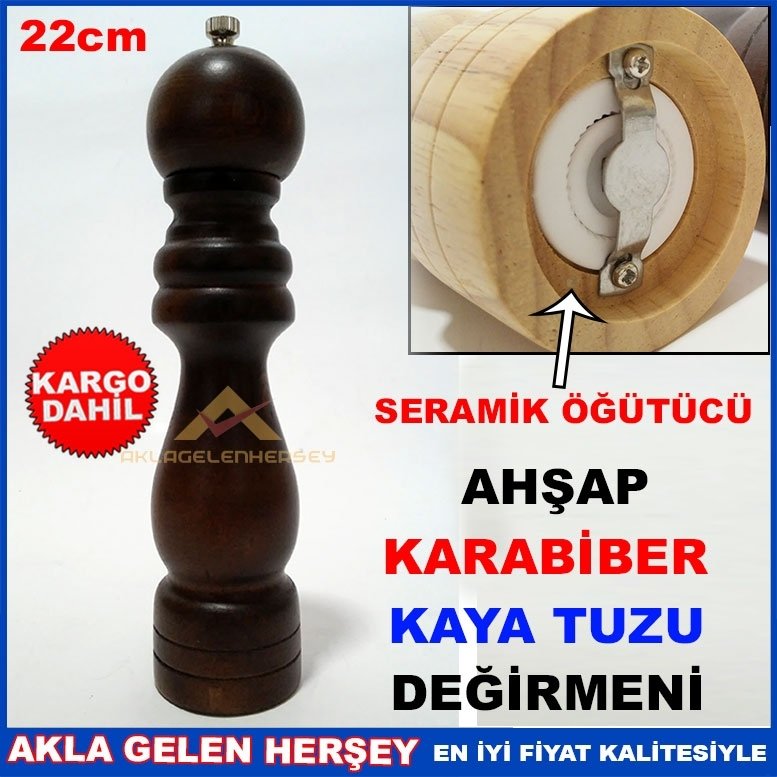 SERAMİK ÖĞÜTÜCÜLÜ 22cm BÜYÜK BOY AHŞAP KAYA TUZU DEĞİRMENİ