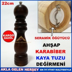 SERAMİK ÖĞÜTÜCÜLÜ 22cm BÜYÜK BOY AHŞAP KAYA TUZU DEĞİRMENİ