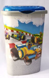 Mavi Yarış Araba Desenli 50 Litre Kapaklı Çamaşır Oyuncak Sepeti Büyük Boy Plastik Gövde Sağlam Kutu