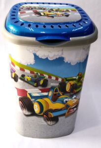Mavi Yarış Araba Desenli 50 Litre Kapaklı Çamaşır Oyuncak Sepeti Büyük Boy Plastik Gövde Sağlam Kutu