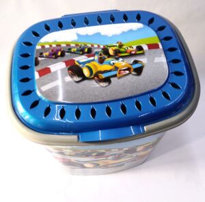 Mavi Yarış Araba Desenli 50 Litre Kapaklı Çamaşır Oyuncak Sepeti Büyük Boy Plastik Gövde Sağlam Kutu
