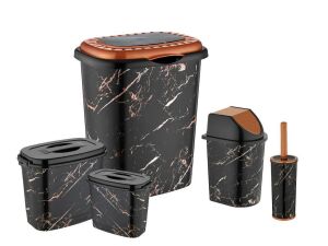 Siyah Mermer Desen 5 Parça Banyo Çamaşır Seti Kirli Sepeti+Deterjan,Calgonluk Wc Fırçası Çöp Kovası