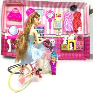 Full Aksesuarlı Bisikletli Alisa Bebek Oyuncak Bebek Bisikletli Alisa ve Bisikleti