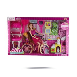 Full Aksesuarlı Bisikletli Alisa Bebek Oyuncak Bebek Bisikletli Alisa ve Bisikleti