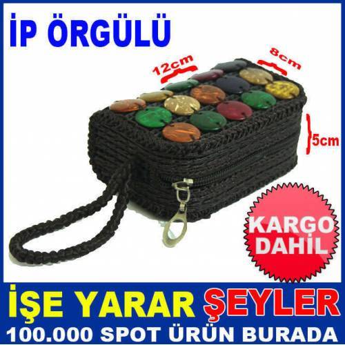 Boncuk İşlemeli Bayan Cüzdan İp Örgülü Fermuarlı