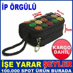 Boncuk İşlemeli Bayan Cüzdan İp Örgülü Fermuarlı