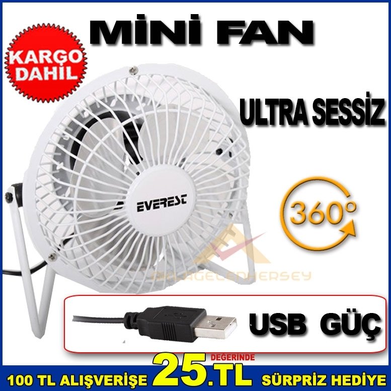 ÖZEL METAL YAPILI 360 DERECE DÖNER USB GİRİŞLİ MİNİ FAN