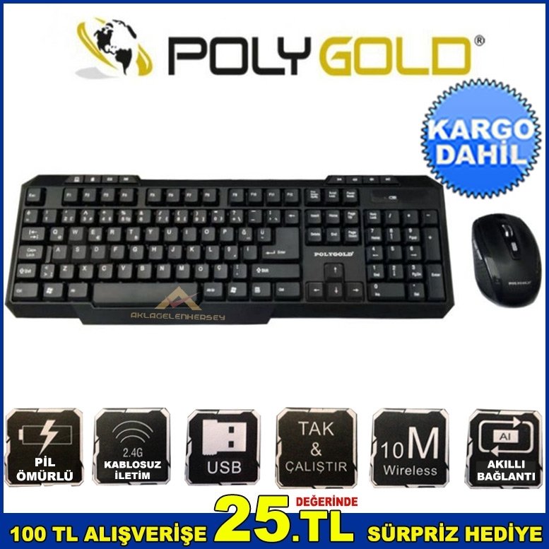 POLYGOLD 10mt ÇALIŞMA UZAKLIĞI USB GİRİŞLİ KABLOSUZ KLAVYE,MOUSE