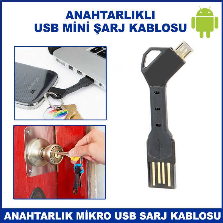 Anahtarlık Şeklinde Cep Telefonu İçin Mikro Usb Mini Şarj ile Data Kablosu - Veri Aktarım Kablosu