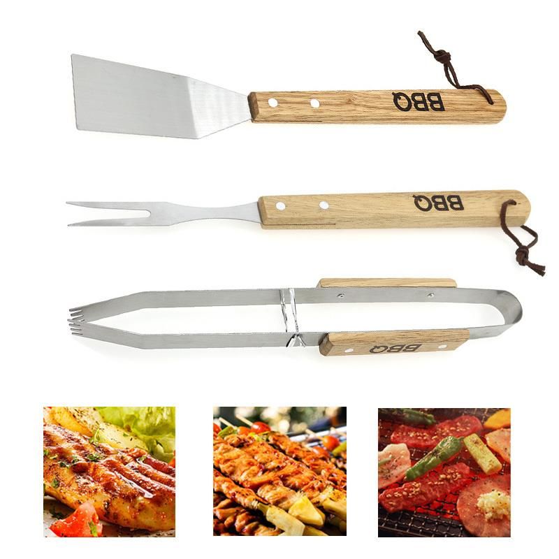 3'lü Ahşap Saplı Paslanmaz Çelik Barbekü Spatula Maşa Çatal Seti Büyük Boy Mangaz Izgara Maşa Takımı
