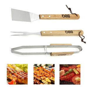 3'lü Ahşap Saplı Paslanmaz Çelik Barbekü Spatula Maşa Çatal Seti Büyük Boy Mangaz Izgara Maşa Takımı