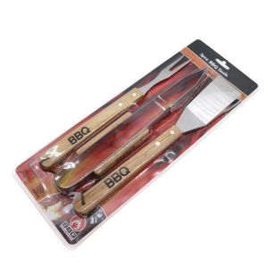 3'lü Ahşap Saplı Paslanmaz Çelik Barbekü Spatula Maşa Çatal Seti Büyük Boy Mangaz Izgara Maşa Takımı