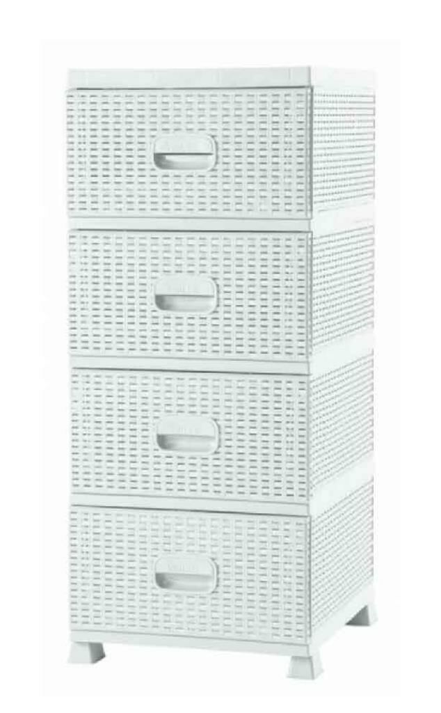 4 Çekmeceli Beyaz Komidin Büyük Boy Lüks Raddan Komidin Hasır görünümlü Yanları Kapalı Plastik Dolap