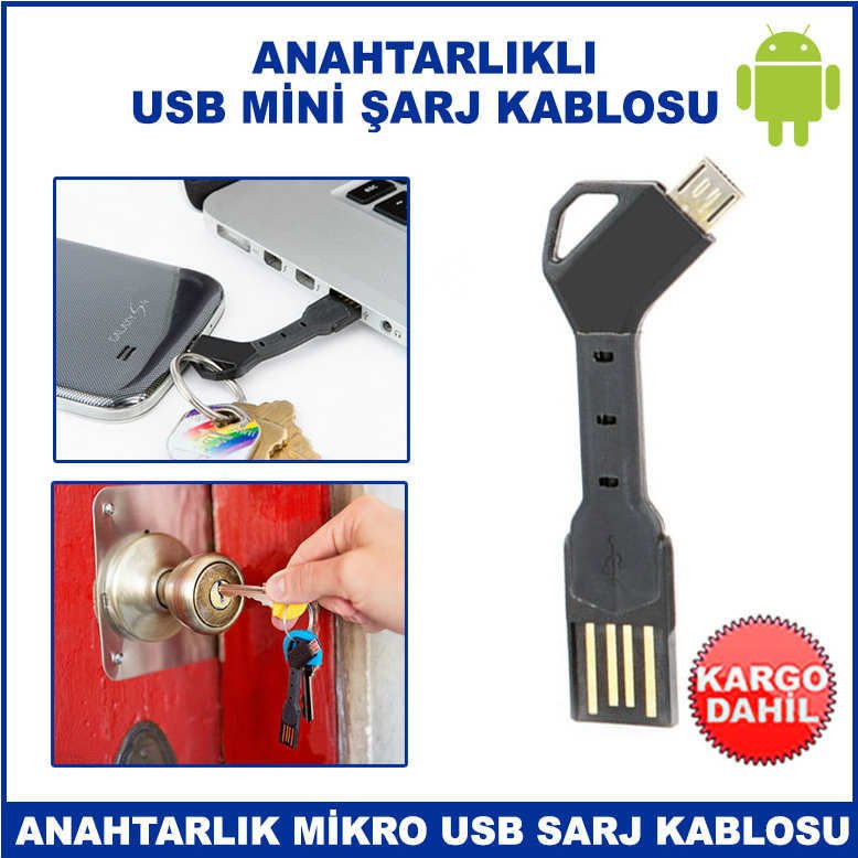 Anahtarlık Şeklinde Cep Telefonu İçin Mikro Usb Mini Şarj ile Data Kablosu - Veri Aktarım Kablosu