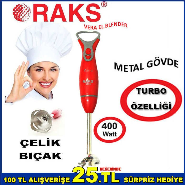 RAKS EL BLENDER VERA 400watt PASLANMAZ ÇELİK ASMA HALKASI METAL GÖVDELİ 2 KADEMELİ HIZ EL BLENDERI