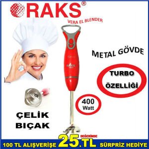 RAKS EL BLENDER VERA 400watt PASLANMAZ ÇELİK ASMA HALKASI METAL GÖVDELİ 2 KADEMELİ HIZ EL BLENDERI