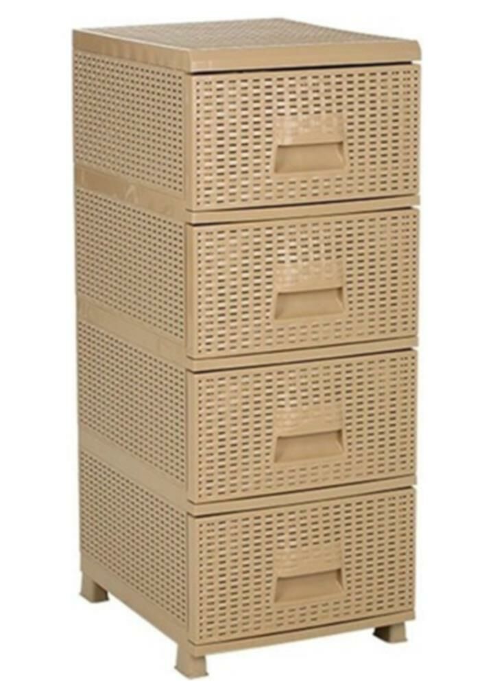 4 Çekmece Yanları Kapalı Bej Rengi Komidin BüyükBoy Lüks Raddan Komidin Plastik Hasır görünüm Dolap