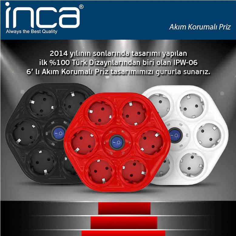 İnca 6 Akım Korumalı Priz 6Lı Topraklı Priz 2 Metre Uzatma Kablolu %100 Bakır Kablolu Işıklı Anahtar