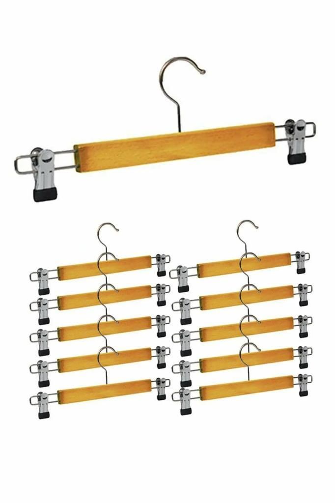 10 adet Paslanmaz Çelik Mandallı Ahşap Etek Askısı Askılık Elbise Askısı