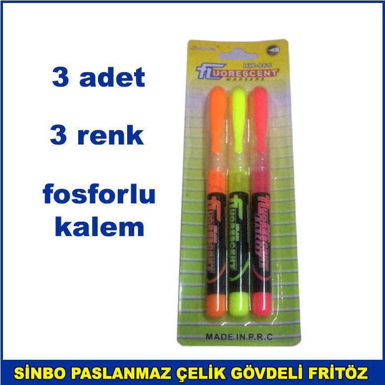 Sıvı Fosforlu Boya Hazneli 3renk - 3adet Florasan Fosforlu Kalem ? İşaret Kalemi