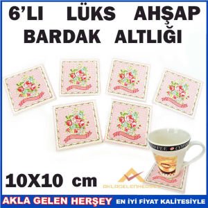 6'LI SET LÜKS ÇİÇEK DESEN AHŞAP BARDAK ALTLIĞI