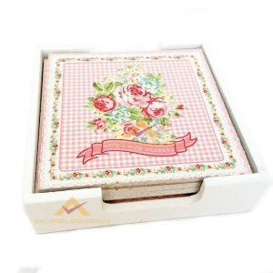 6'LI SET LÜKS ÇİÇEK DESEN AHŞAP BARDAK ALTLIĞI