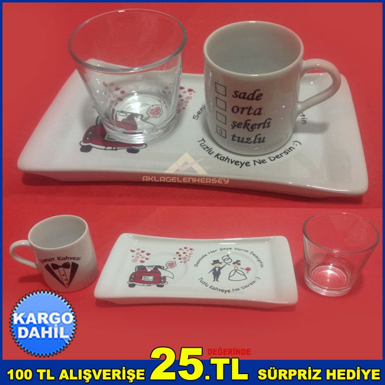 Damat Fincan Seti 3 Parçadan Oluşan Fincan,Bardak ve Altlık Porselen Gelin Damat Kahve Fincancı -2