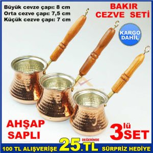 3'lü SET AHŞAP SAPLI BAKIR KAHVE CEZVE TAKIMI -2