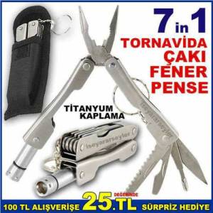 Titanyum Kaplama Çok Fonksiyonlu Çelik Çakı,Pense,Fener,Tornavida,Testere,Şişe Açacak Anahtarlık