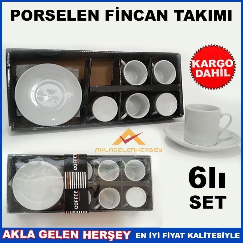 KENDİNDEN DESENLİ BEYAZ PORSELEN KAHVE FİNCAN TAKIMI DÜZ YUVARLAK