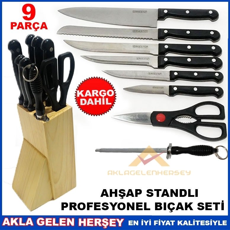 ÜcretsizKargo 9 PARÇA AHŞAP TAKOZLU PROFESYONEL MUTFAK BIÇAK SETİ