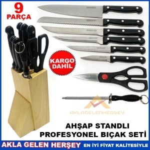 ÜcretsizKargo 9 PARÇA AHŞAP TAKOZLU PROFESYONEL MUTFAK BIÇAK SETİ