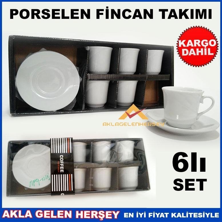 KENDİNDEN DESENLİ BEYAZ PORSELEN KAHVE FİNCAN TAKIMI İNCE BELLİ