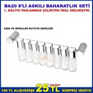 ULTRA LÜKS DUVARA MONTE ASKILI PASLANMAZ ÇELİK METAL TİJ ÜZERİNDE SIRALI 8li SET CAM BAHARATLIK